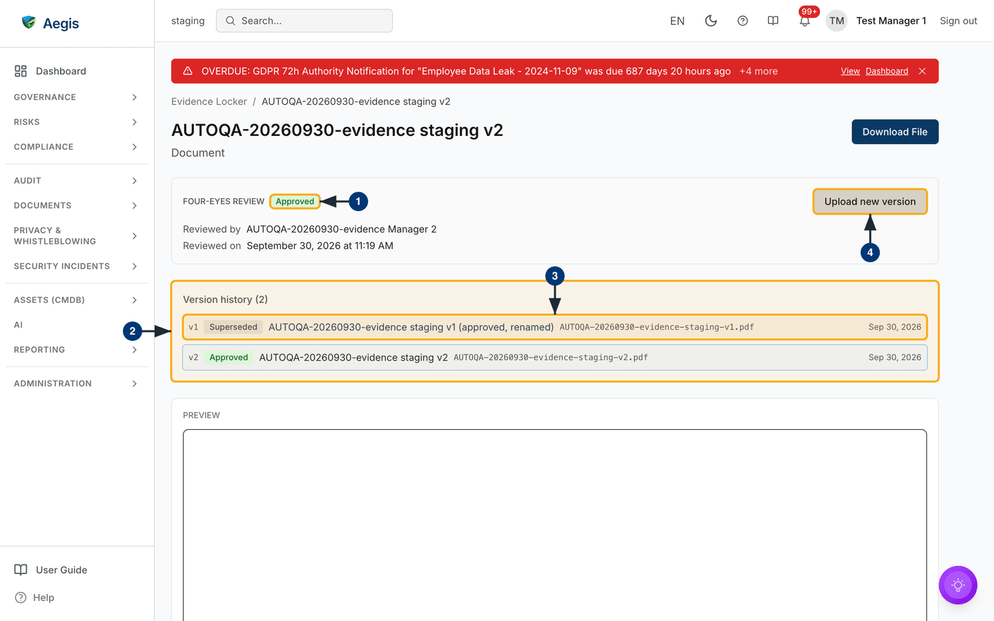 An approved item with its version history — /evidence/:id.